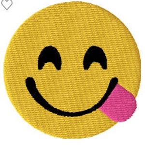 May include: Yellow smiley face emoji with a pink tongue sticking out. The emoji has closed eyes and a wide smile.