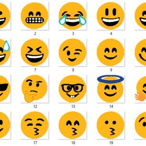 May include: A set of 20 yellow emoji faces with different expressions, including happy, sad, surprised, and angry. Each emoji is outlined in black and has a white background.
