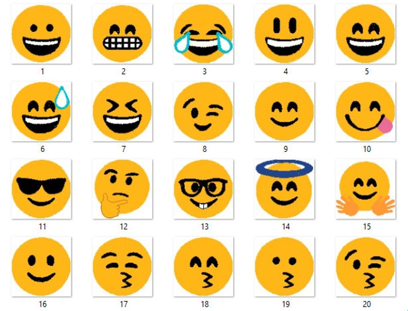 May include: A set of 20 yellow emoji faces with different expressions, including happy, sad, surprised, and angry. Each emoji is outlined in black and has a white background.