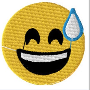 May include: Yellow smiley face emoji with a single blue teardrop on the right side of the face. The emoji has a wide, toothy grin and closed eyes.