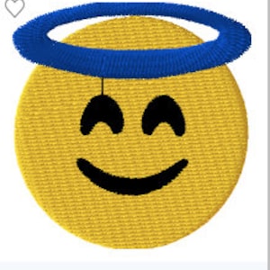 May include: A yellow smiley face emoji with a blue halo above it. The emoji has closed eyes and a wide smile.