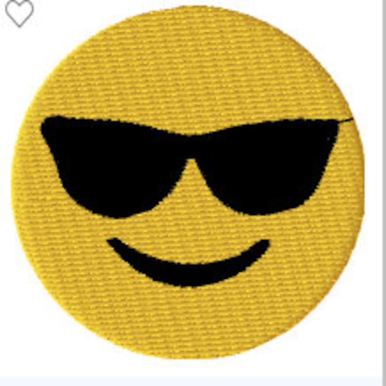 May include: Yellow smiley face emoji with black sunglasses. The emoji has a simple black smile.