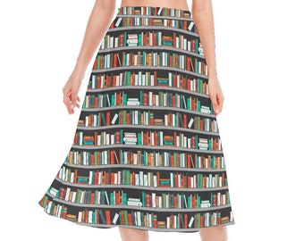 Bookcase Festive | Love reading | Bookshelf pattern | Books Print | Gift for teachers, writers, readers | Women&#39;s Long Section Chiffon Skirt