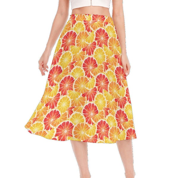 Citrus Beauty | Oranges Grapefruit Pattern | All Over Fruit Print | Women's Long Section Chiffon Skirt