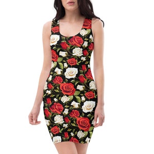 Blooming Roses in the Garden | Floral Flower All-Over Prints | 2 Color Options | Form Hugging Bodycon Dress