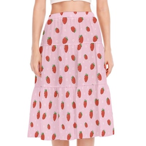 Pink Strawberry | Strawberries All-Over Print | Women&#39;s Stitched Pleated Chiffon Skirt