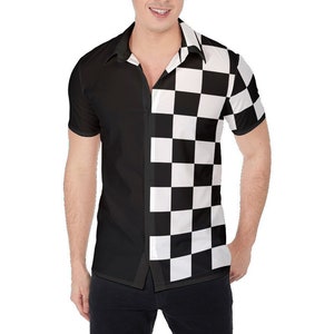 May include: A black and white checkered short-sleeved shirt with a button-down collar. The shirt is split down the middle, with one side black and the other side checkered.