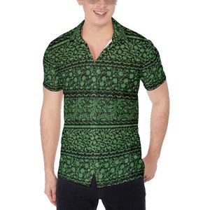 Black & Green Floral Stripes All-Over Print Men&#39;s Shirt
