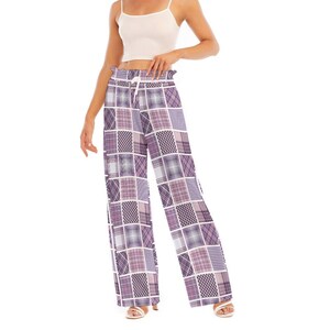 May include: Purple and white plaid wide-leg pants with a drawstring waist.