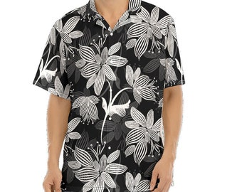 Go Barefoot Antique Hibiscus Navy Cotton Men's Hawaiian Shirt , M