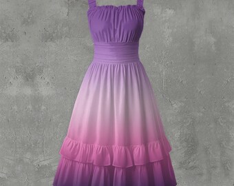 Vestido de mujer con bajo con volantes y efecto degradado morado y rosa