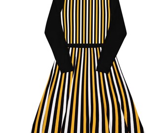 yellow black and white dress Kelsea Stretchy Mesh Bodycon Turtleneck Dress in Black Gold Yellow White and Brown