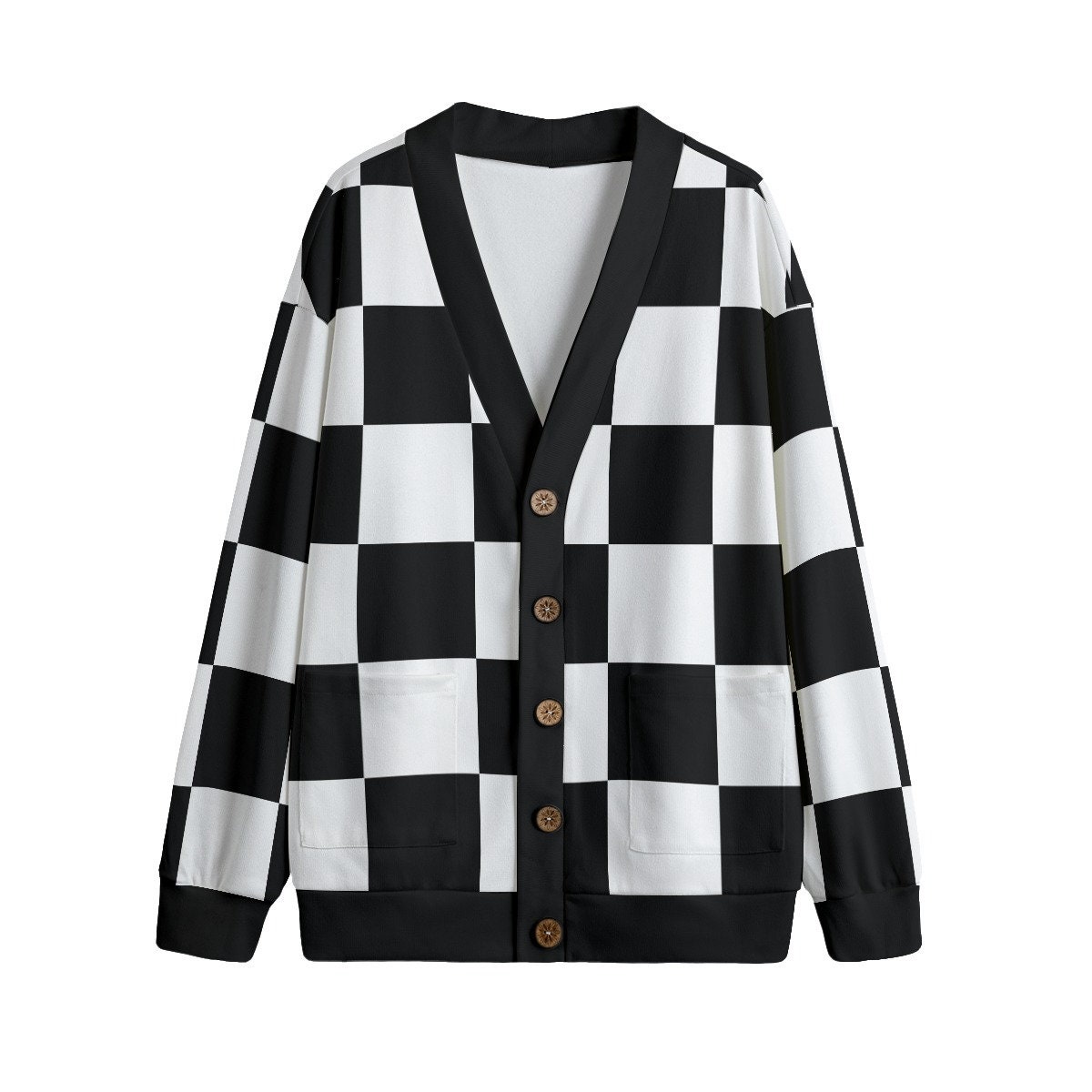 Women Checkered Cardigan, V Neck Button Down Loose Cardigan