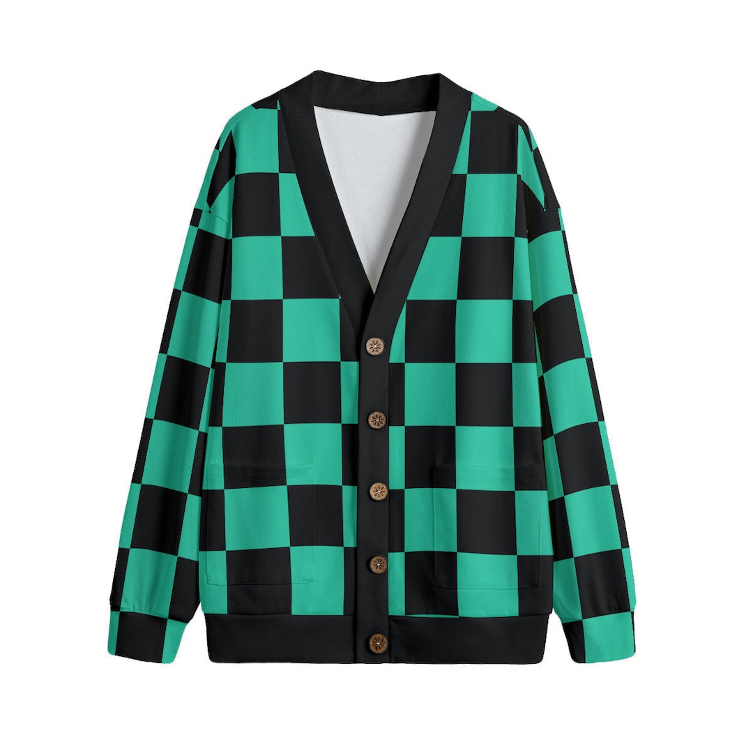 Green & Black Checker Print Unisex V-neck Cardigan With Green & Black Checker Print Unisex V-neck Cardigan With