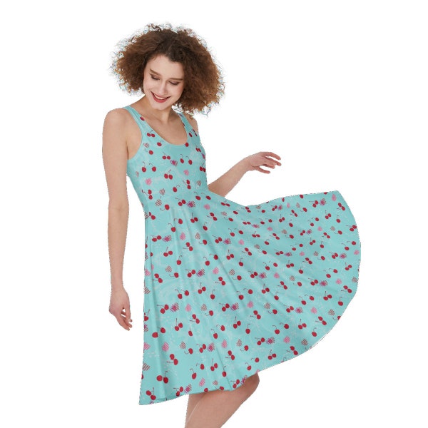 Cherries All-Over Prints | Women's Sleeveless Dress | In Blue, White, Multicolor, and Pink