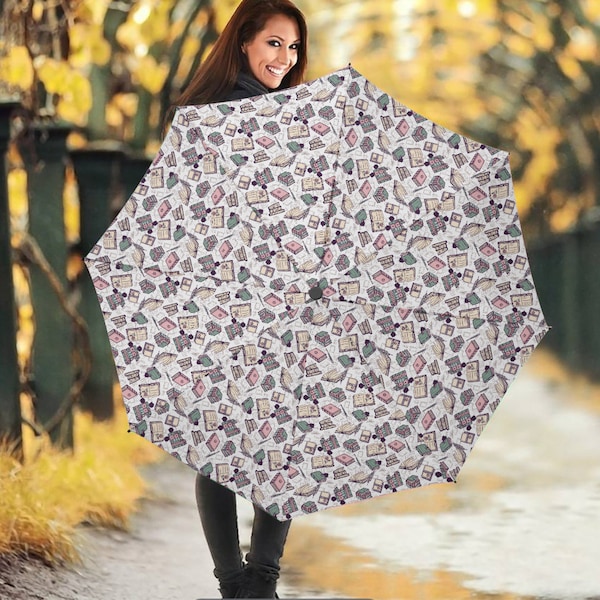 Pretty Book Pattern | Bookworm Library Fan | Writers Authors Teachers | Compact Umbrella