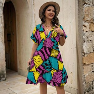 A Patchwork-Sally | Rag-doll Print (4 colors) | Women’s Floral V-Neck Short Sleeve Dress