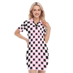 May include: A pink and black checkered short-sleeved dress with a collared neckline and button closure.