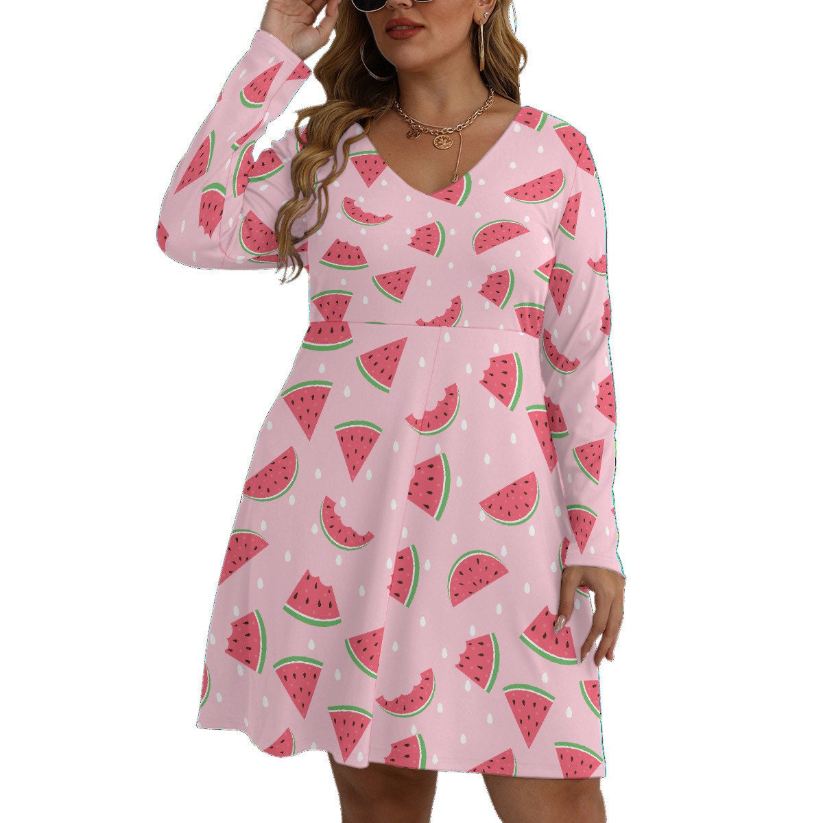 Pink Watermelon Paradise All-Over Print Women's V-neck Long Sleeve Dress