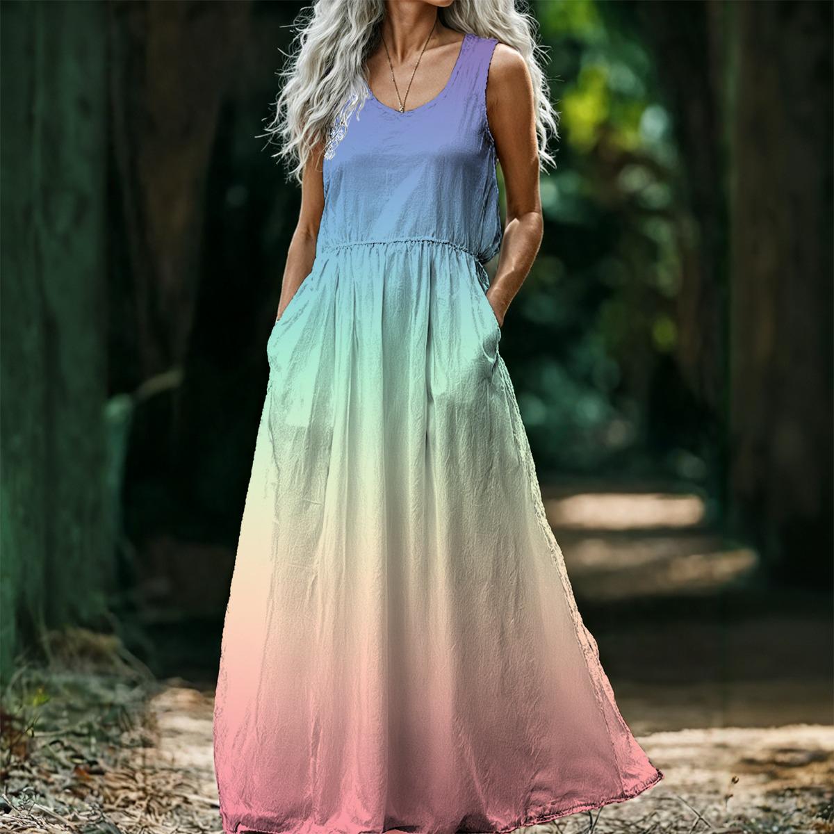 pastel rainbow plus size dress Pastel Rainbow Long Sleeve Midi Dress with Pockets, Women Ombre Gradie Starcove Fashion