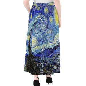 May include: A long blue and yellow skirt with a swirling pattern reminiscent of Vincent van Gogh's "Starry Night" painting.