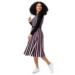 Purple, Black & White Stripes All-over print long sleeve midi dress (up to 6X)