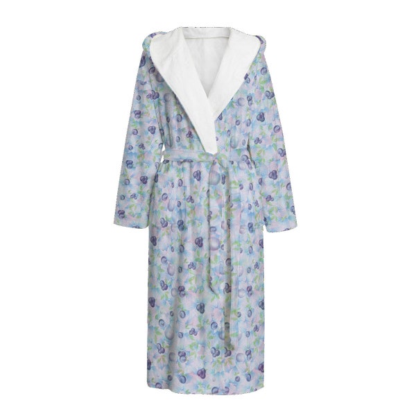 Blueberry Gardenia | Blueberries over pastels | Berry blue fruit print | Unisex Flannel Hooded bathrobe