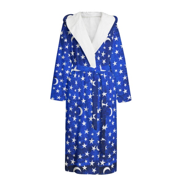 Majestic Mage | Crescent Moons and Stars All-Over Print | Blue, Purple, & Red Colors | Unisex Flannel Hooded bathrobe