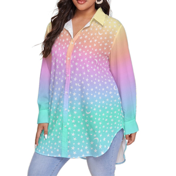 Starry Ombre Twilight Sky | Stars and Crescent moons | All-Over Print Women's Shirt With Long Sleeve(Plus Size)