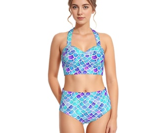 Conjunto de traje de baño para mujer con estampado de escamas de sirena (2 colores) y top tipo halter.