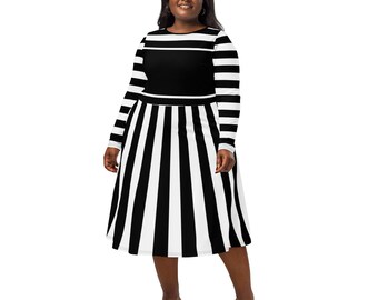 princess polly baby blue dress Black & White Striped All-over Print Long Sleeve Midi Dress (up to 6X)
