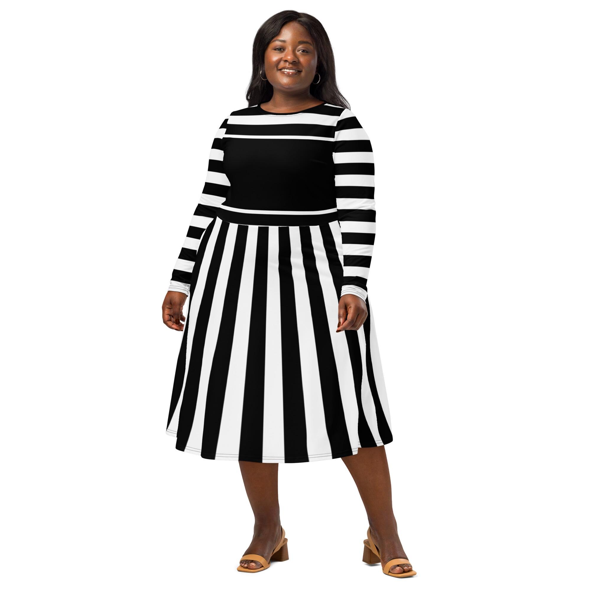 Black & White Striped All-over Print Long Sleeve Midi Dress (up to 6X) - Etsy Black & White Striped All-over Print Long Sleeve Midi Dress (up to 6X) - Etsy