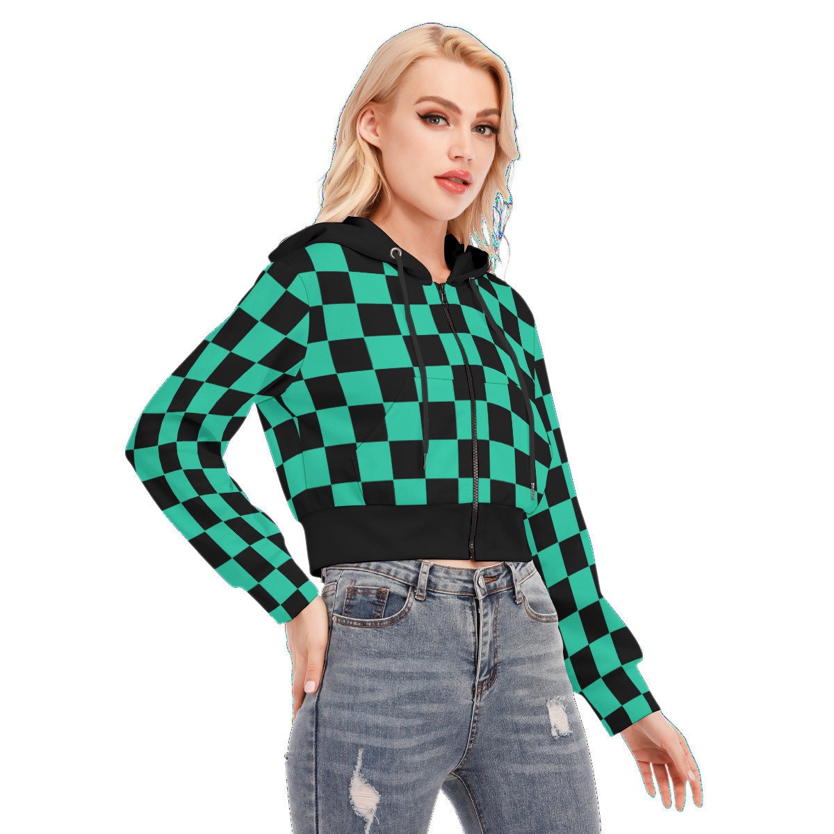 Y's HAND PAINTED PLAID PRINT CROPPED T 黒 Green & Black Checker Print Women's Crop Top Hoodie With