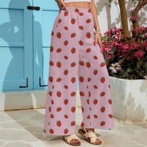 4 Fruit Prints | Strawberry, Blueberry, Watermelon, Peach | Women&#39;s Lightweight Wide-Leg Pants With Pockets