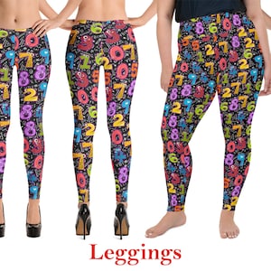 May include: Four pairs of black leggings with a colorful pattern of numbers and cartoon characters. The leggings are shown on models with different body types.