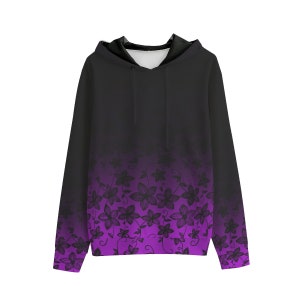 May include: Black hooded sweatshirt with a purple ombre fade and a floral pattern. The flowers are black and outlined in white.