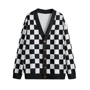 Black & White All-Over Checkered Print | 3 Different Options | V-neck Knitted Fleece Cardigan With Button Closure (Sizes up to 4X)