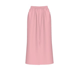 May include: A long, pink skirt with a high waist and side pockets. The skirt has a relaxed fit and a straight silhouette.