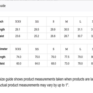 May include: Size guide for clothing with measurements in inches and centimeters. The table shows sizes from XXS to XL, with measurements for length and waist.
