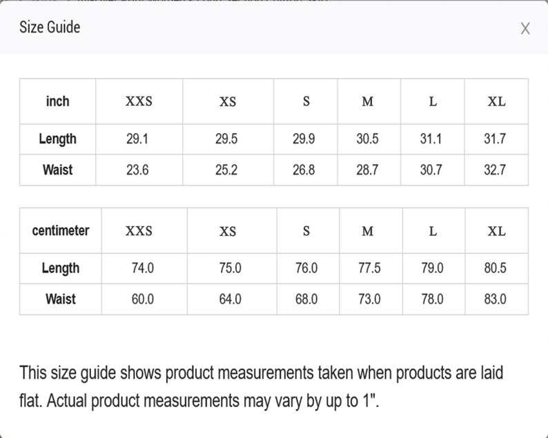 May include: Size guide for clothing with measurements in inches and centimeters. The table shows sizes from XXS to XL, with measurements for length and waist.
