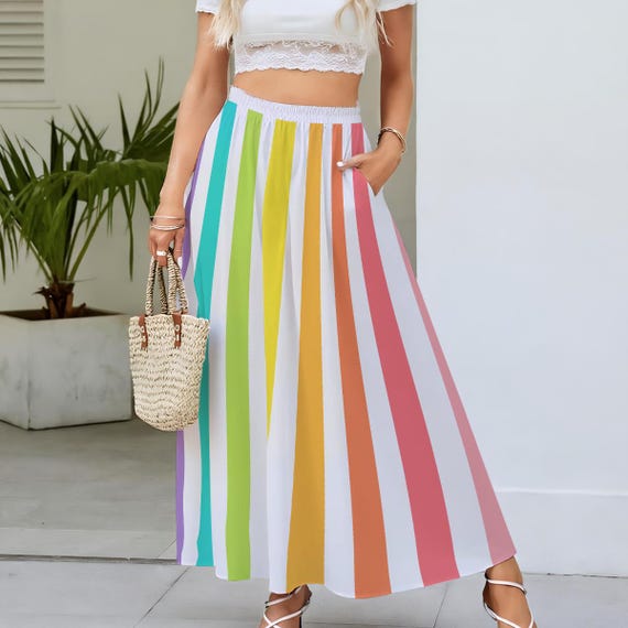 Large Stripes! 4 Lovely Colors | Women's Maxi Skirts With Lining