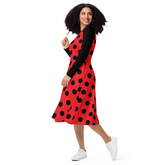 chinese dress ladies Tied Polka Dot Long Sleeve Midi Dress