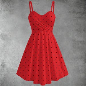 May include: A red dress with black polka dots. The dress features a sweetheart neckline, spaghetti straps, and a fitted bodice with a wrap-style design. The skirt flares out from the waist, creating a classic, feminine silhouette.