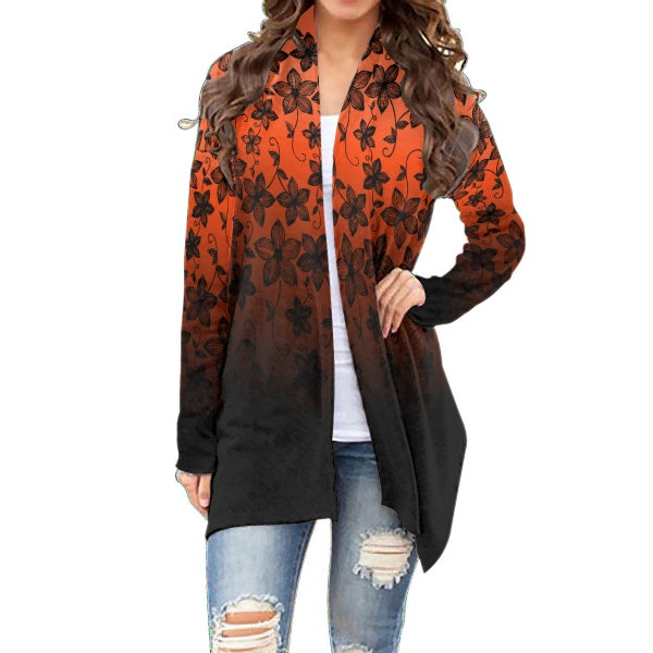 Black Floral Lace Ombre | In Autumn Orange, Hot Pink, Neon Green, & Electric Blue | All-Over Print Women's Cardigan With Long Sleeve