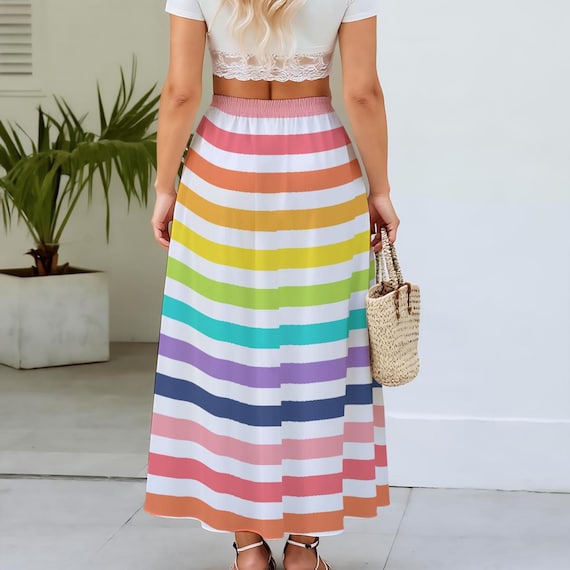 Horizontal Stripes All-Over Print | In Black, Pink, Gray, Green, Blue, Orange, & Brown Colors | Women's Maxi Skirts With Lining Horizontal Stripes All-Over Print | In Black, Pink, Gray, Green, Blue, Orange, & Brown Colors | Women's Maxi Skirts With Lining