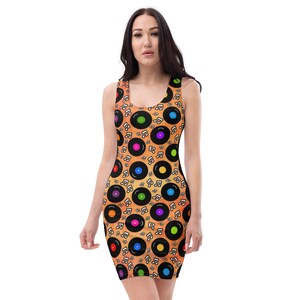 Patrón retro de música de álbum de discos de arcoíris / Estampado integral naranja / Vestido ajustado