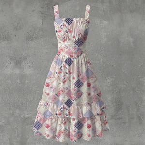 May include: A patchwork-style dress with a square pattern in shades of pink, lavender, and white. The dress features a floral print, ruffled hem, and spaghetti straps. The dress has a fitted bodice and a flowing skirt.