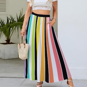 Rainbow Large Striped All-Over Print Women's Maxi Skirts With Lining