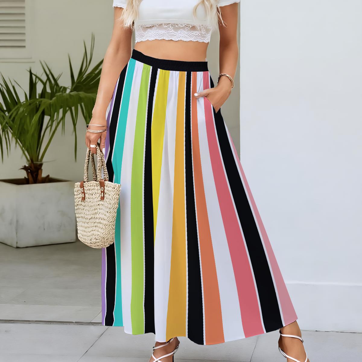 Rainbow Large Striped All-over Print Women's Maxi Skirts