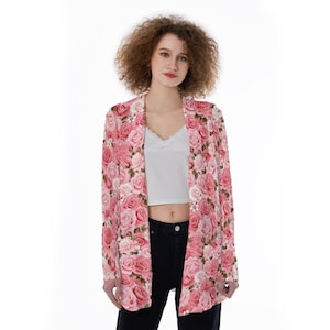 Pretty Pink Roses | Floral Print Women's Ultra Thin Patch Pocket Cardigan